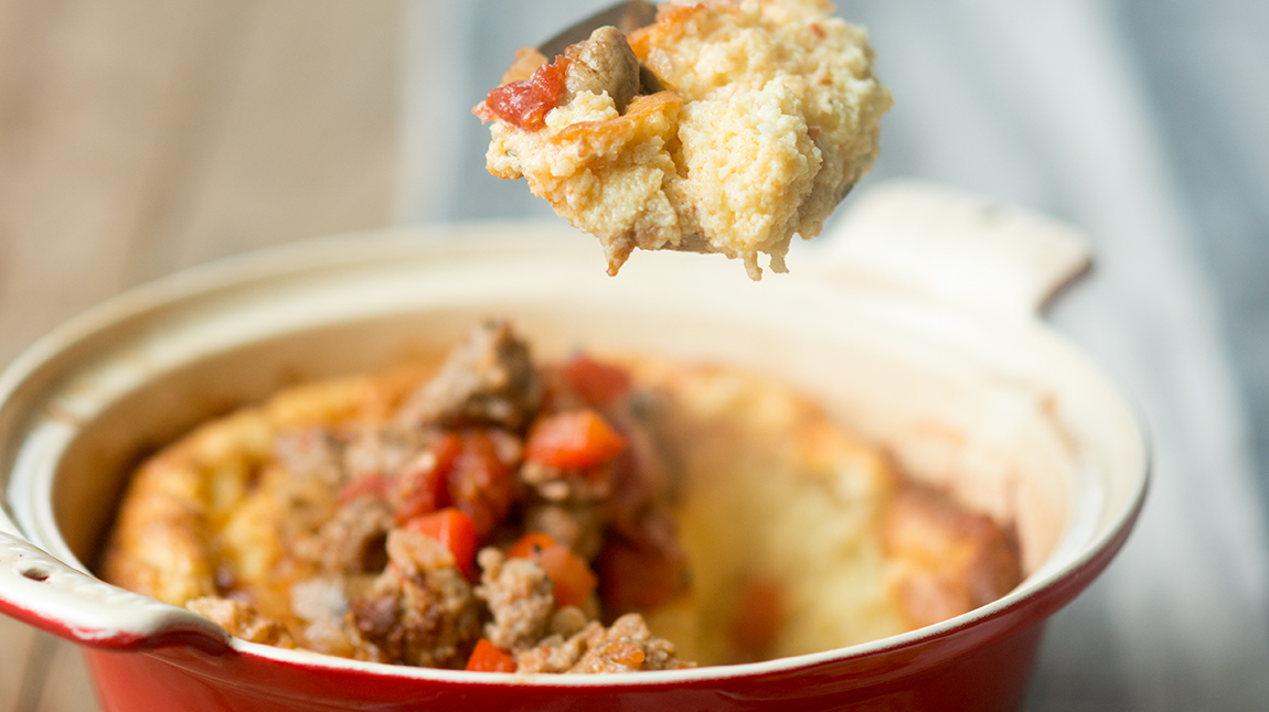 Spoonbread with Sausage Ragout