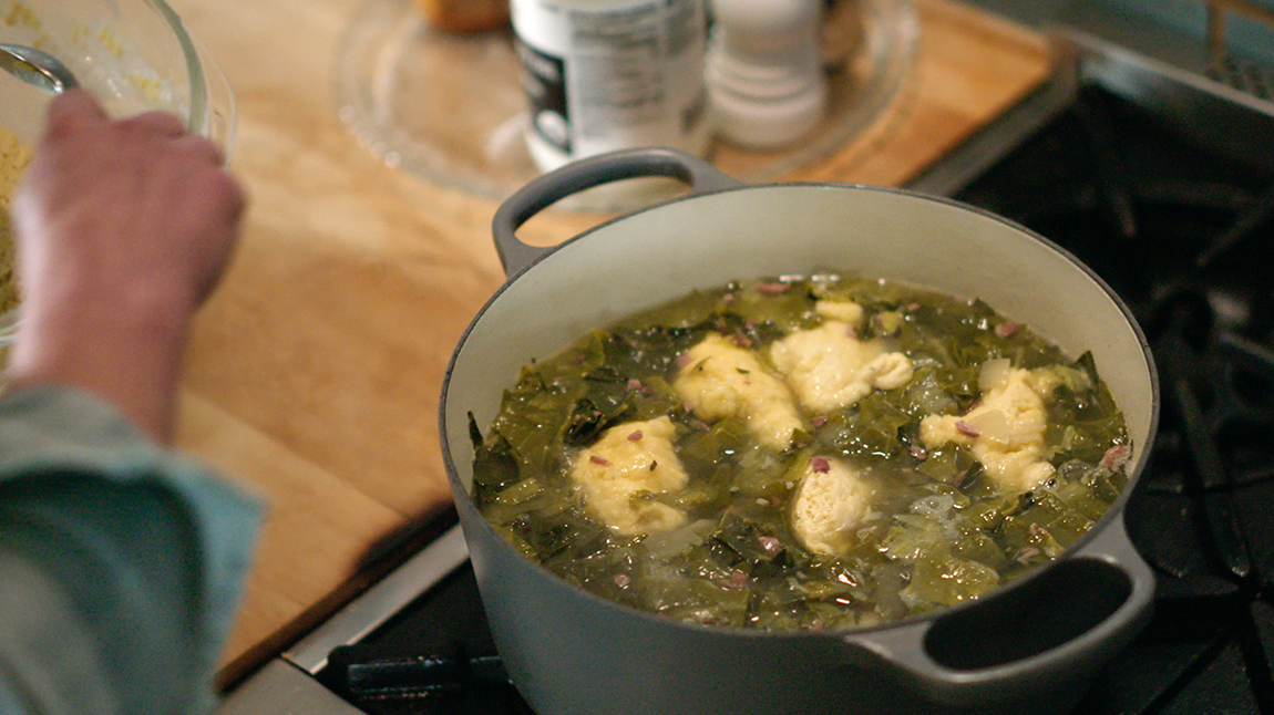 Stewed Greens with Cornmeal Dumplings